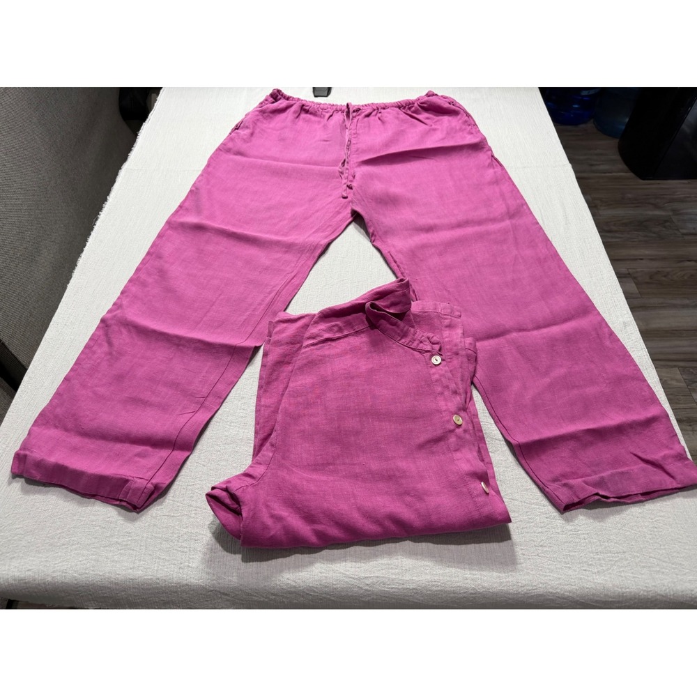 Sunbelt Women's XL Magenta Pink 100% Linen 2 Piece Shirt and Pants Set USA Made